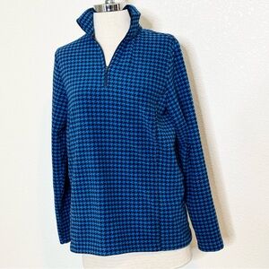Lands‎ End Sweater Womens Small (6-8) Blue Black Houndstooth Fleece Knit 1/4 Zip